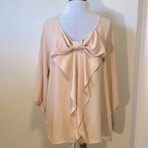 Blush bow blouse size XL flowy v-neck front slightly sheer preowned elegant